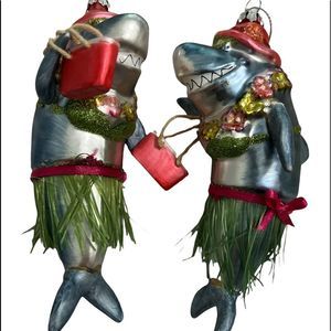 Hawaii Hula Shark Tiki Grass Skirt Purse Blown Glass Christmas Ornament 6'' Set2